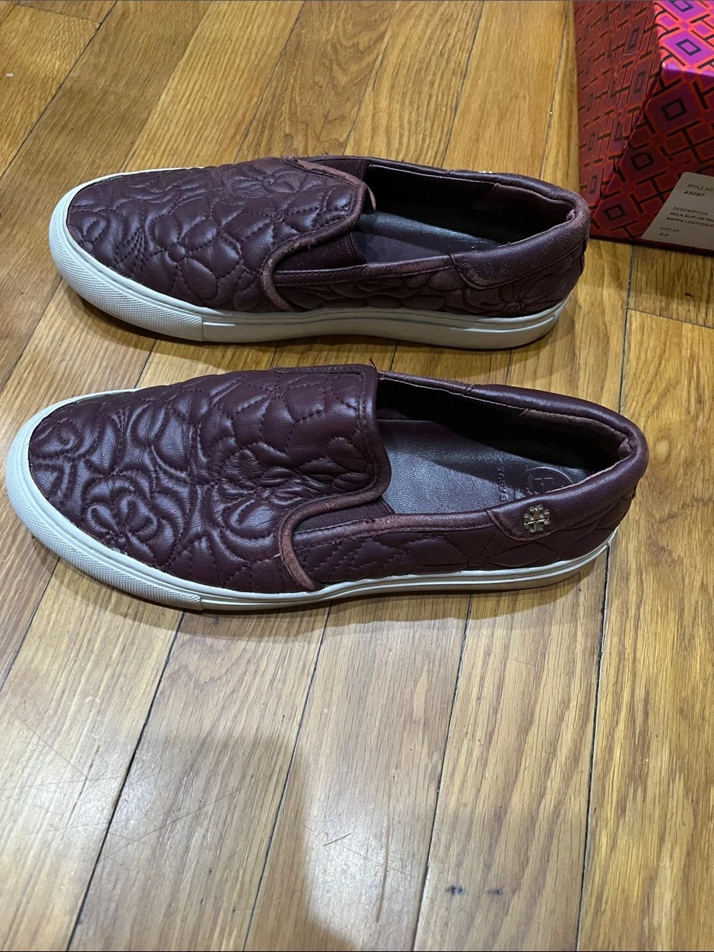 Tory Burch Quilted Slip-On Sneakers in Burgundy and White